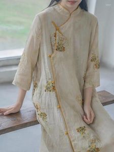 Ethnic Clothing Chinese Style Retro Improved Hanfu Dress Art Ramie Printed Cheongsam Zen National Original Design Qipao Women