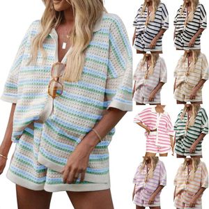 Women's Tracksuits Summer Women 2 Pieces Pajamas Set Loungewear Stripe Contrast Color Button Crochet Knit Tops And Shorts Sets Sleepwear