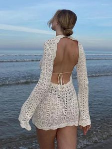 Sexy Hollow Out Dress Cover-Ups Chic Women Vintage Crochet Flower Knit Backless Tie-Up Mini Summer Beach Bodycon