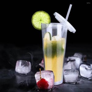 Kapak ve Straw Clear Tumbler Drinkware Çift Katmanlı Şeffaf Su Şişesi 350/450/650ml Plastik Buzlu Kahve Sütü Sütü