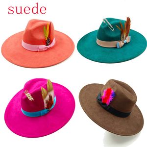 Suede fedora hat heart top 95cm brim feather accessories wide jazz men and women panama sombrero mujer gorras 240429