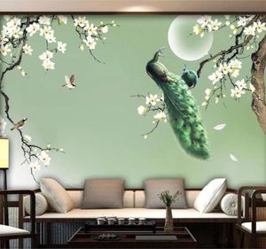 Papel de parede de mural personalizado em estilo chinês pintada a mão Magnolia verde pavão flores pássaros pó papel de parede sala de estar TV 3D Fresco5071811