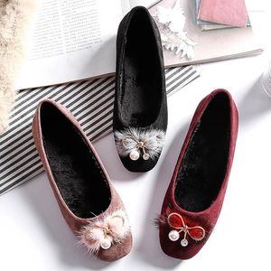 Casual Shoes Woman Warm Fur Flats Crystal Pearl Bow-knot Mink Loafers Ladies Plus Size 34-43 Fairy Cozy Furry Moccasins 2024