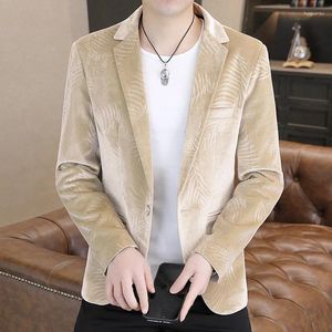 Erkekler Suits Hoo 2024 Gold Velvet Jacquard Blazer Bambu Yaprağı Çiçek Moda Boş Zaman