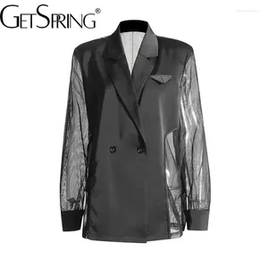 Frauenanzüge Frauen Blazer 2024 Perspektive Mesh -Nähen Langarm Damen Black Coat Fashion Anzugjacke