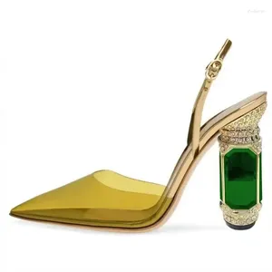 Kleiderschuhe Emerald Grüne Strass klobige Pumpen klare transparente PVC Spitzer Zehen Frauen Slingback Hollow Strange Heels Abend