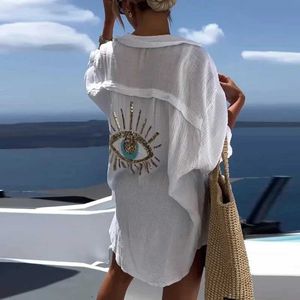 Women's Polos Evil Eye casual sequin beaded shirt spring geometric eye shirt loose fitting shirt summer lapel button long shirtL2405