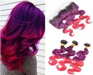 Virgin Peruian 1Bpurplepink Ombre Human Hair Wefts Body Wave with 13x4 Full Lace Frontal Closure Three Tone Ombre Weave Bundle1772889