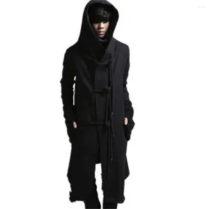 Men's Trench Coats Autumn Men Punk Hip Hop Outerwear Slim Fit Long Coat Hooded Cloak Cardigan Mens Linen Rope Design Gothic Jackets