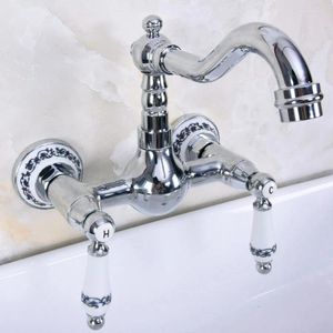 Badrumsvaskar kranar keramiska handtag dubbel hål väggmonterad bassäng kran krom mässing kök kallt och vattenblandare kran dnf962