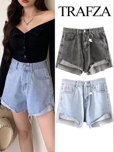 Kvinnors jeans trafza kvinnas mode chic tassel denim blixtlåsfickor kvinnliga casual shorts tvåfärgade höga midja burrs