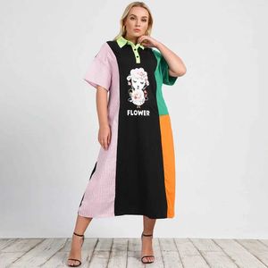 Basic Casual Kleider Plus Size Polo Hals gestreiftes bunte Blockkleid für Frauen Sommer kurzärmelig modische Streetsty