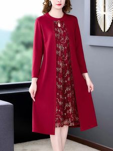 Casual Dresses Women Red Patchwork Floral Midi Dress Autumn Winter Korean Elegant Loose Evening 2024 Fashion Chic Party Vestidos