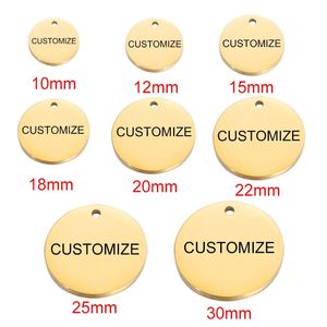 20pcs Custom Order Laser Gravurd Edelstahl Charme Personalisierte runde runde Runde Scheibenschmuck Tags Viele Größe 240416