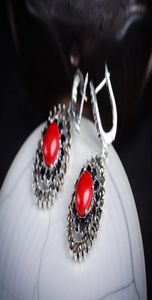 Kadınlar 925 Sterlingsilverjewelry Vintage 925 Gümüş Marcasit Trend Kırmızı Mercan Küpeleri Brincos Ohrringe Sterling Gümüş Jewelry8795795