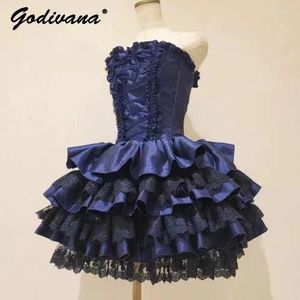 Vestidos casuais estilo japonês estilo lolita mangas de renda de renda vestido de bolo de bolo menina feminina doce multi -camada princesa sem alças