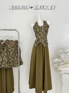Vestidos de trabalho American Vintage Fashion Roupfits 2 peças Conjunto de saia gyaru impressão de coletor verde de cintura alta Court Court Elegant baile baile