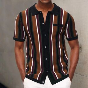 T-Shirts Men's Summer Knitted Shirt Contrast Color Single breasted Short Sleeve Stripe Print Knitted Summer Tops Male Clothes