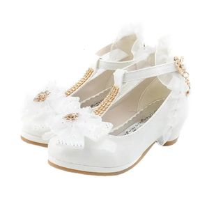 Barn fest läder skor flickor pu låg häl spets blomma barn bröllop skor flickor sandaler dans klänning dans sko vit rosa 240415