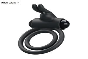 Zerosky Double Lock Male Vibrating Penis Ring Time Delay Cock Ring Male masturbation Rabbit Ear Vibrator Sex Toys for Men Y18928046255949