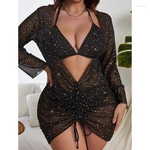 Donna da bagno da bagno femminile donna 2024 plus size 3 pezzi Bikini nero con paillettes pois copertine di costumi da bagno sexy sexy