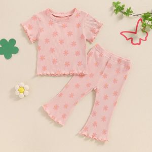 Clothing Sets Toddler Baby Girl Summer 2pcs Suit Fashion Daisy Print Ribbed Short Sleeve T-Shirt And Elastic Flare Pants Outfits