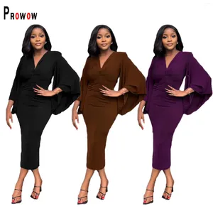 Casual Dresses Prowow Elegant Women Maxi Dress V-neck Slim Fit Long Batwing Sleeve Bodycon Outfit Solid Color Evening Party Office Lady