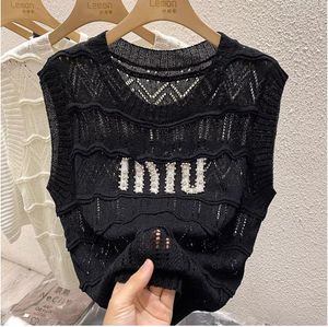 New women's o-neck loose sleevelesss beading crystal logo letter knitted hollow out tank tops designer vest