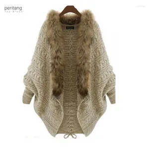 Damenfell Winter Mode gestrickt Strickjacke Frauen Fledermaus Cape -Schal -Kragen weibliche Kunstmäntel Überlader -Outwear