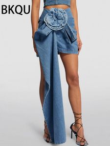 BKQU Denim Skirts Women Streetwear High Waist Three-dimensional Flower Design Blue Mini Skirts 2024 Summer Asymmetric Hip Skirt 240423