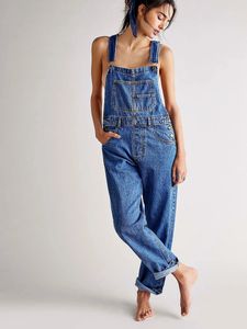 Women Vintage Retro Denim Long Jumpsuit Casual Spaghetti Strap Straight Romper Suspender Pants Summer Baggy Bib Loose Overalls 240429