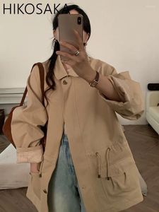 Women's Trench Coats 2024 Spring Korean Chic Elegant Turn-down Collar Drawstring Zipper Jackets All-match Loose Casual Outwears