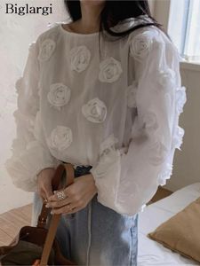 Camas femininas Spring Spring Summer Pullover Tops Mulheres Flores Flores Doce damas blusas de manga comprida estilo coreano Logo Mulher plissada