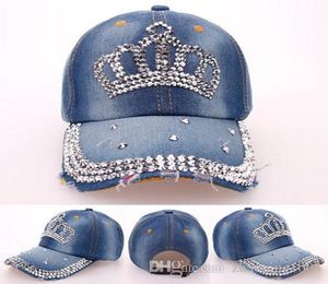 Fashion Korean Rhinestone Bling Crown Caps Adjustable Washed Denim Baseball Caps Women Cowboy Hats Fancy Summer Headwear Ladies Su8336680