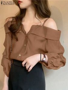 Women's Polos ZANZEA 2023 Fashion Shirt Womens Sexy Off the Shoulder Shirt Summer Casual Button Top Long Sleeve Folded Solid Loose TunedL2405