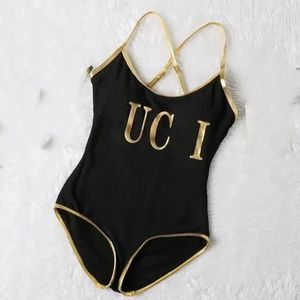 Women's slim cross strap waist one-piece logo letter swimsuit SMLXL