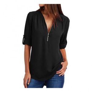 Women's Polos Womens casual office womens sexy solid color zippered V-neck half sleeved loose shirt womens T-shirtL2405