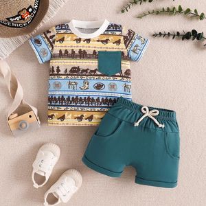 Set di abbigliamento FocusNorm 0-3y Toddler Baby Boys Western Abiti 2pcs Animalbooties Stampare top maniche corte con pantaloncini a colori solidi