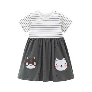 Hoppningsmätare 27 år Summer Princess Baby Girls Dresses Striped Animals Applique Party Birthday Kids Short Sleeve Frocks 240428