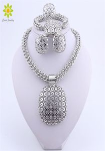 Dubai Silver Plated Jewelry Set Women Big Pendant Necklace Fashion Nigerian Wedding African Crystal Costume Bridal Jewelry Set 2202721466