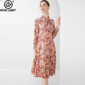 Casual Dresses Women's Runway Lace Up Bow Collar Long Hidees Printed Floral Pleated High Street Fashion Designer Mid Vestidos
