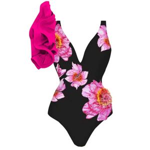 Kvinnors badkläder 2024 One Piece Plus Size Swimsuit Kvinnor Badkläder Cover-up med kjol Blomma Print One Shoulder Ruffle Beachwear Bathing Suit