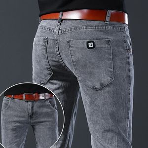 Slim Stretchy Jeans Men Fashion Korean Little Feet Grey Middle Waist Pants Male Casual Denim Trousers 240420