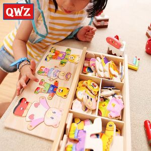 QWZ Little Bear Change Clothes Childrens Early Education Wooden Jigsaw Puzzle Dressing Game Baby Puzzle Toys For Children Gift 240419