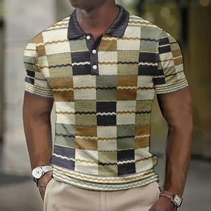 格子縞のパターンメンズポロシャツ3Dプリント青少年ファッション半袖衣料特大のラペルトップストリートオルTシャツ240419