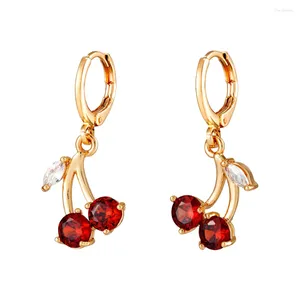 Dangle Earrings Red CZ Zircon Cherry Women Girls Charming Crystal Fruit Gold Plated Copper Ear Hoops Jewelry Gifts