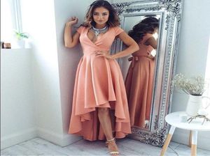 Modern High Low Long Coral Prom Dresses 2017 Sexy Deep Vneck Short Sleeves Formal Dresses Evening Party Wear Summer Cocktail Dres2590292