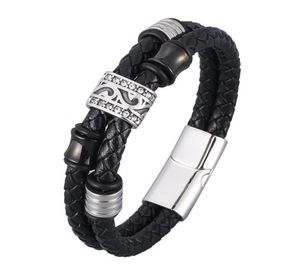 Charm armband punk svart dubbel äkta läder flätade armband för män rostfritt stål vintage manlig handledsband hand smycken sp05841317