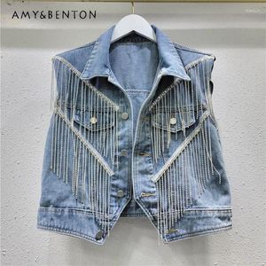 Женские жилеты 2024 весна летние модные жилеты All-Match Shop Shop The Heavy Heavy Design Sense Sense Tassel Athestone Denim Vest Top