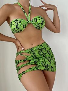Women's Swimwear Sexy Green Snake Print 3 Piece Bikini Set Women Halter Front Tie Push Up Hollow Out Skirt Swimsuit Bathing Suit Thong